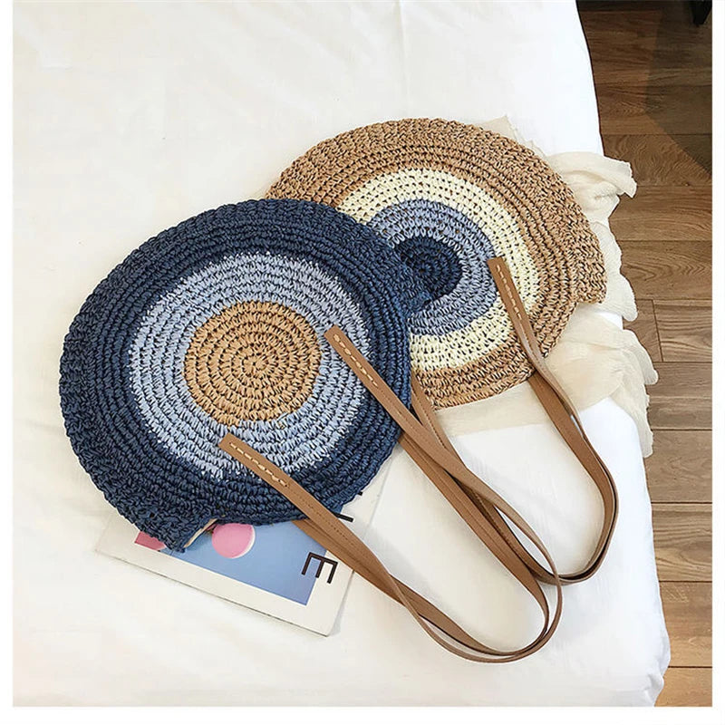 Round Straw Beach Bag for Women Rattan Shoulder Handbag