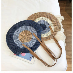 Round Straw Beach Bag for Women Rattan Shoulder Handbag