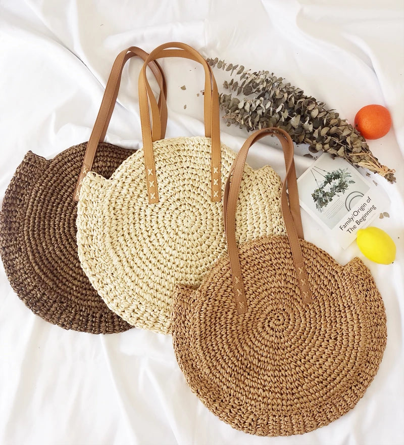 Round Straw Beach Bag for Women Rattan Shoulder Handbag