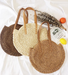 Round Straw Beach Bag for Women Rattan Shoulder Handbag