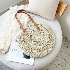 Round Straw Beach Bag for Women Rattan Shoulder Handbag