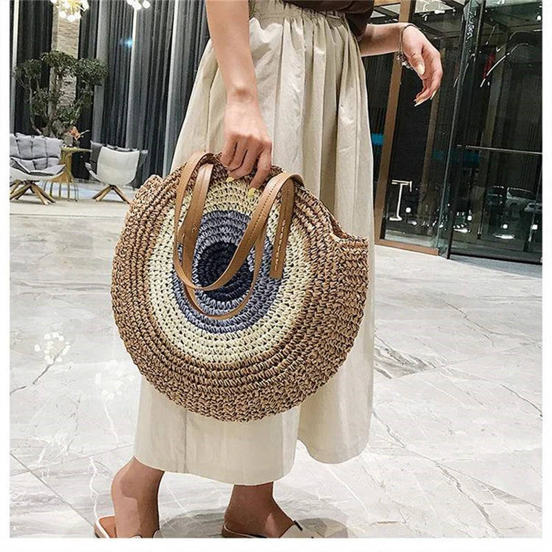 Round Straw Beach Bag for Women Rattan Shoulder Handbag