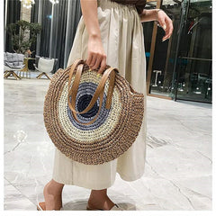 Round Straw Beach Bag for Women Rattan Shoulder Handbag