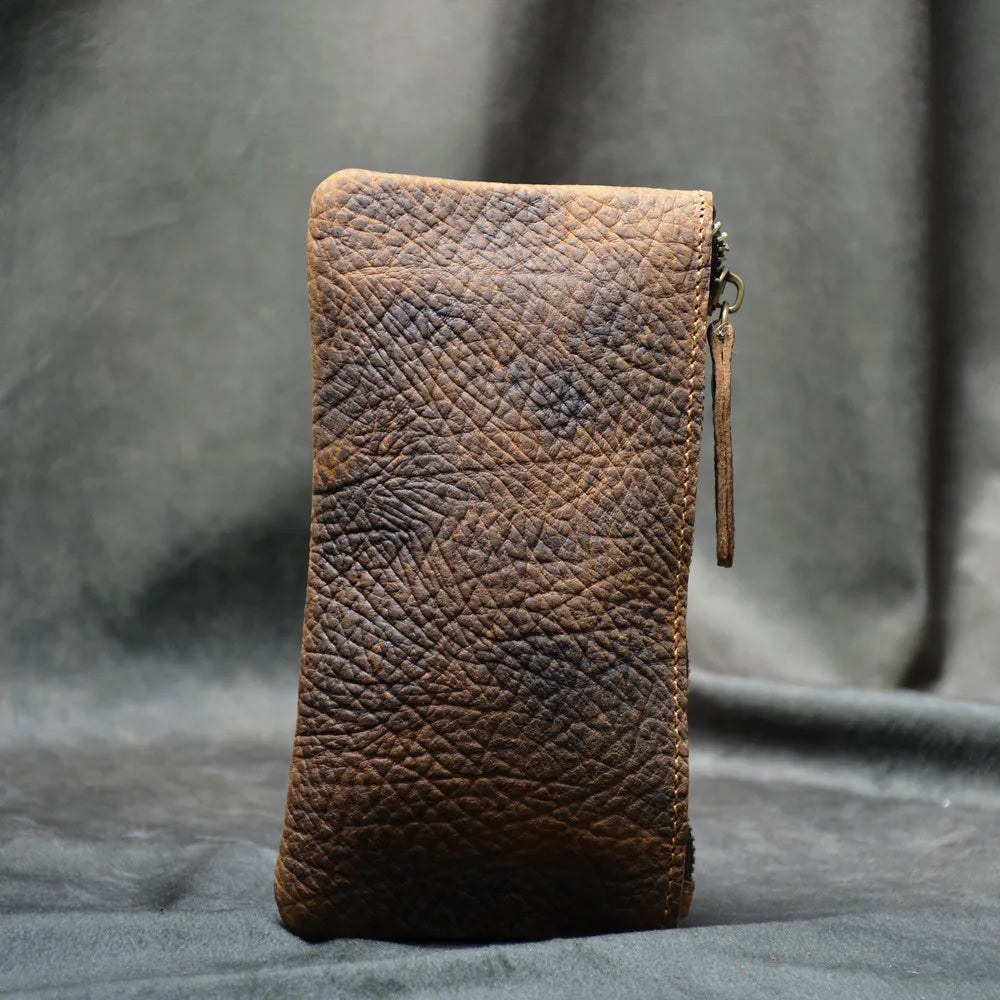 Men's Long Leather Wallet Large Capacity Retro Rugged Cowhide Bag