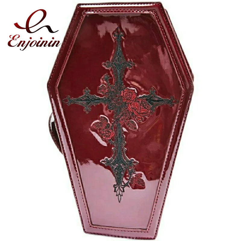 Gothic Coffin Crossbody Bag with Cross Rose Embroidery