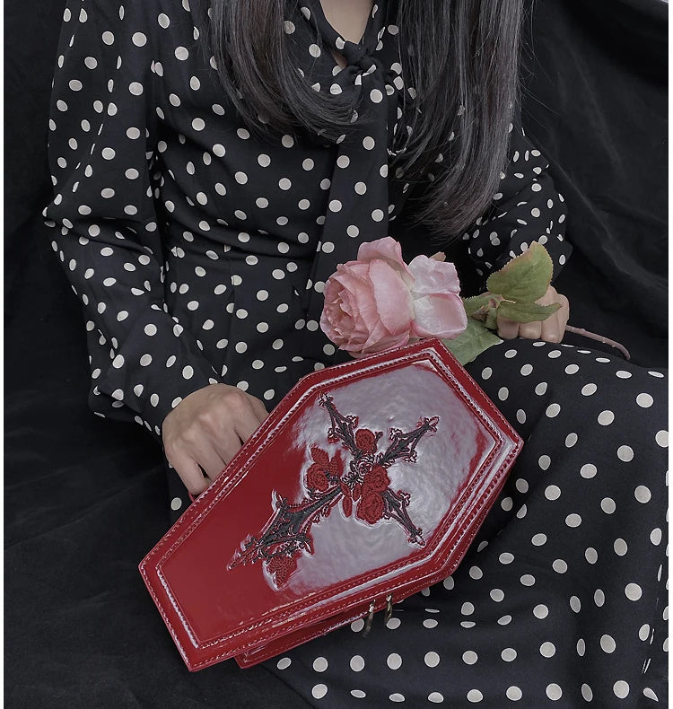 Gothic Coffin Crossbody Bag with Cross Rose Embroidery