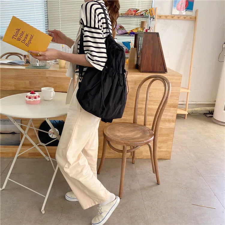 Harajuku Japan Girls Backpack Female Bags Solid Beige Drawstring Backpacks Women