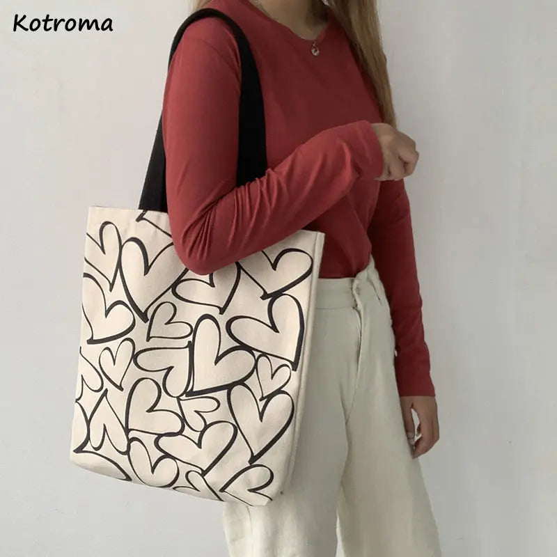 Harajuku Shoulder Bags Women Canvas Heart Pints Zipper Style