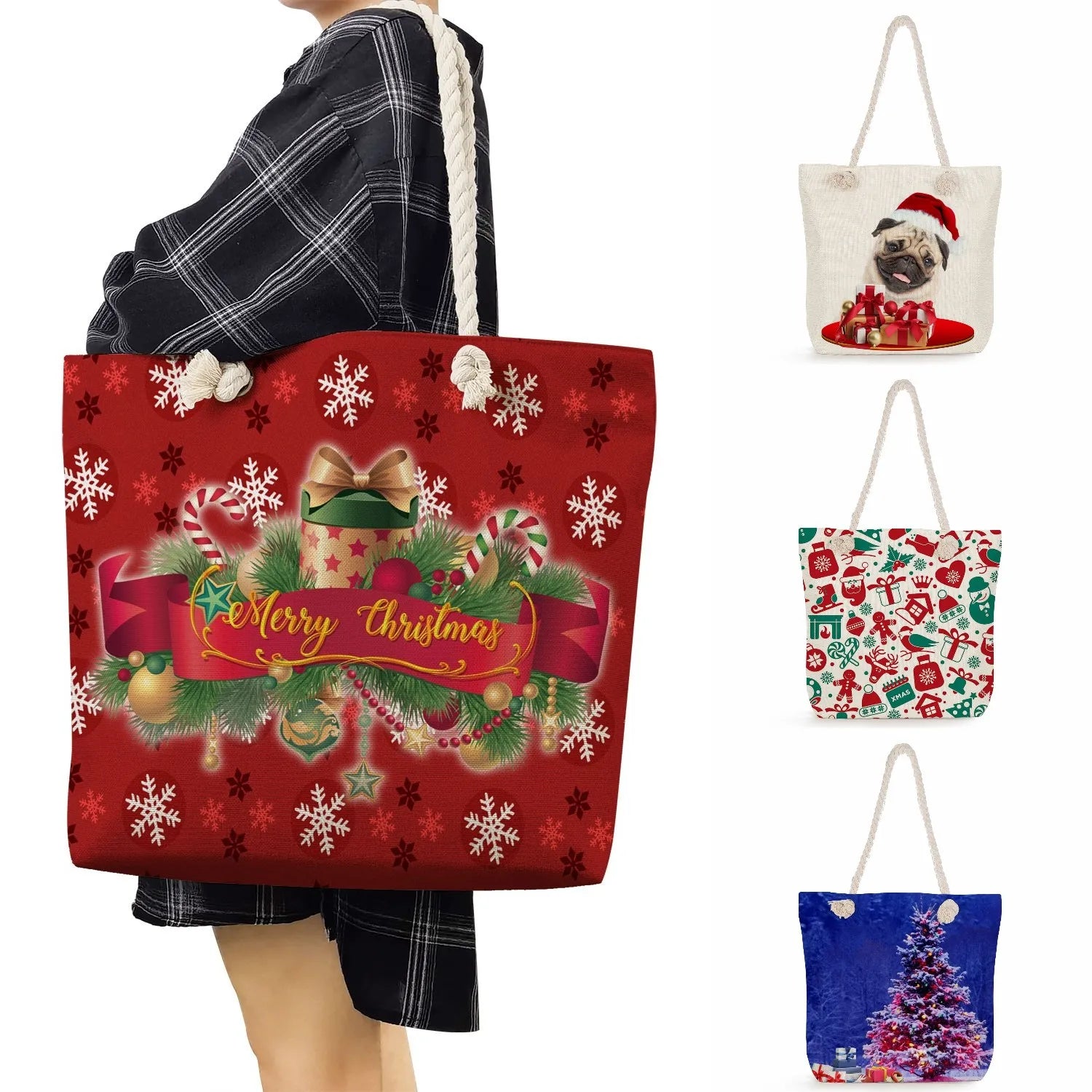 Christmas Gift Red Tote Handbags For Women Eco Reusable Shopping Bags