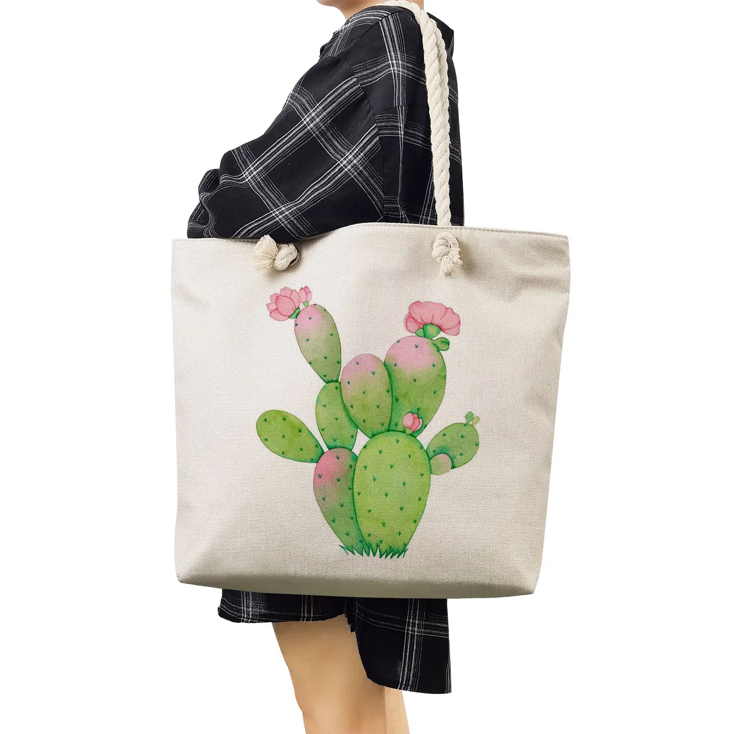 Floral Cactus Tote Bag for Women Outdoor Travel Beach Handbag