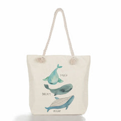 Whale Girl Printed Linen Tote Beach Bag Eco-Friendly Sea Series Shoulder Bag