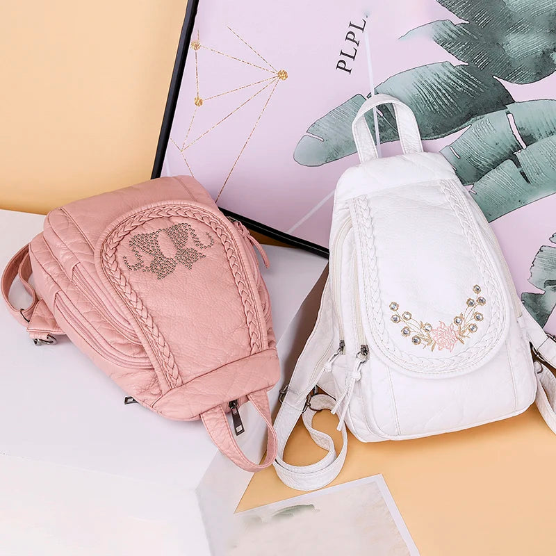 High Leather Backpack for Women School Bag Teenage Girls Female Travel