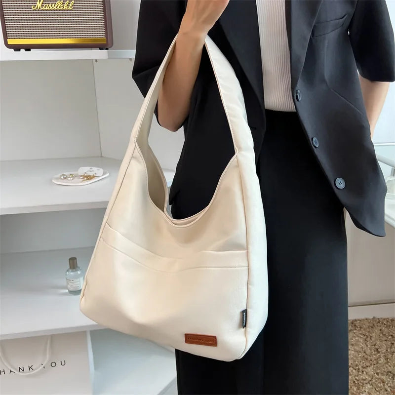 Women's Large Capacity Canvas Shoulder Bag Solid Shopping Tote Handbag