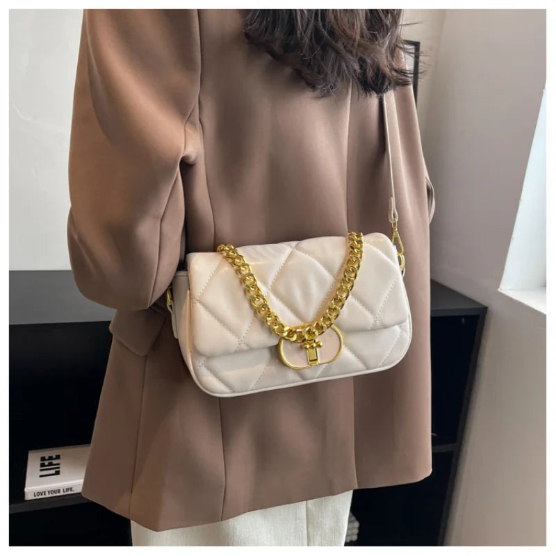 Leather Square Chains Handle Women's Shoulder Bag