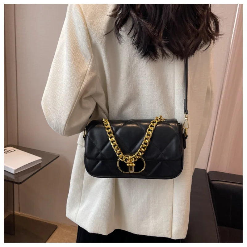 Leather Square Chains Handle Women's Shoulder Bag