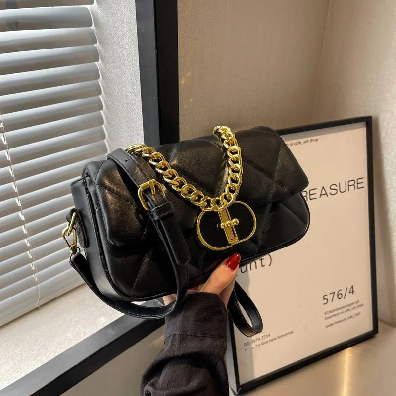 Leather Square Chains Handle Women's Shoulder Bag