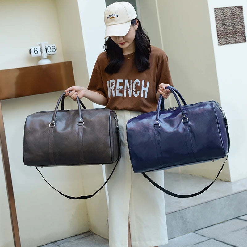 Large Leather Travel Bag Waterproof Handbag Men Women Duffle Shoulder Luggage