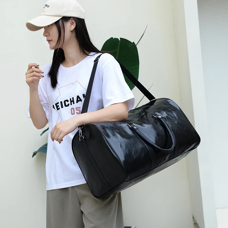 Large Leather Travel Bag Waterproof Handbag Men Women Duffle Shoulder Luggage