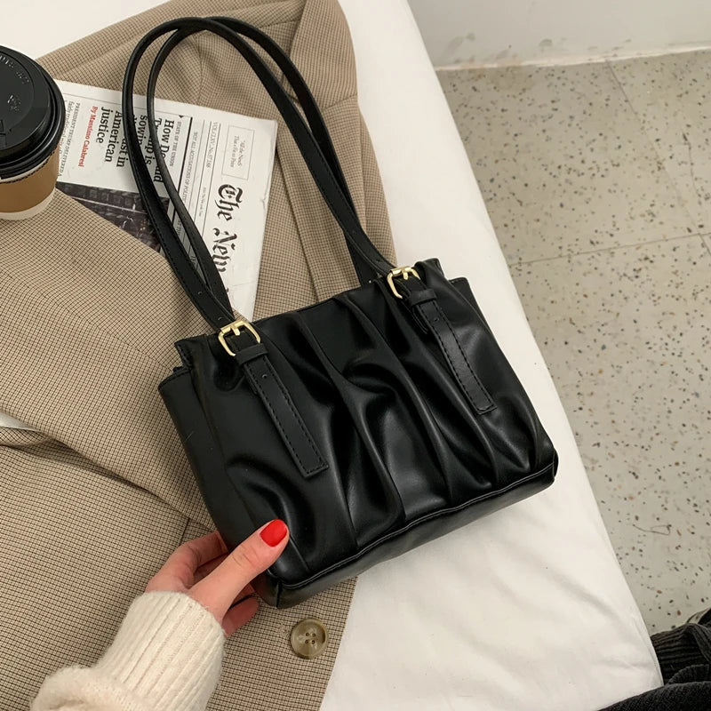 High Pleated Shoulder Bag Women Texture Handbags Autumn Totes