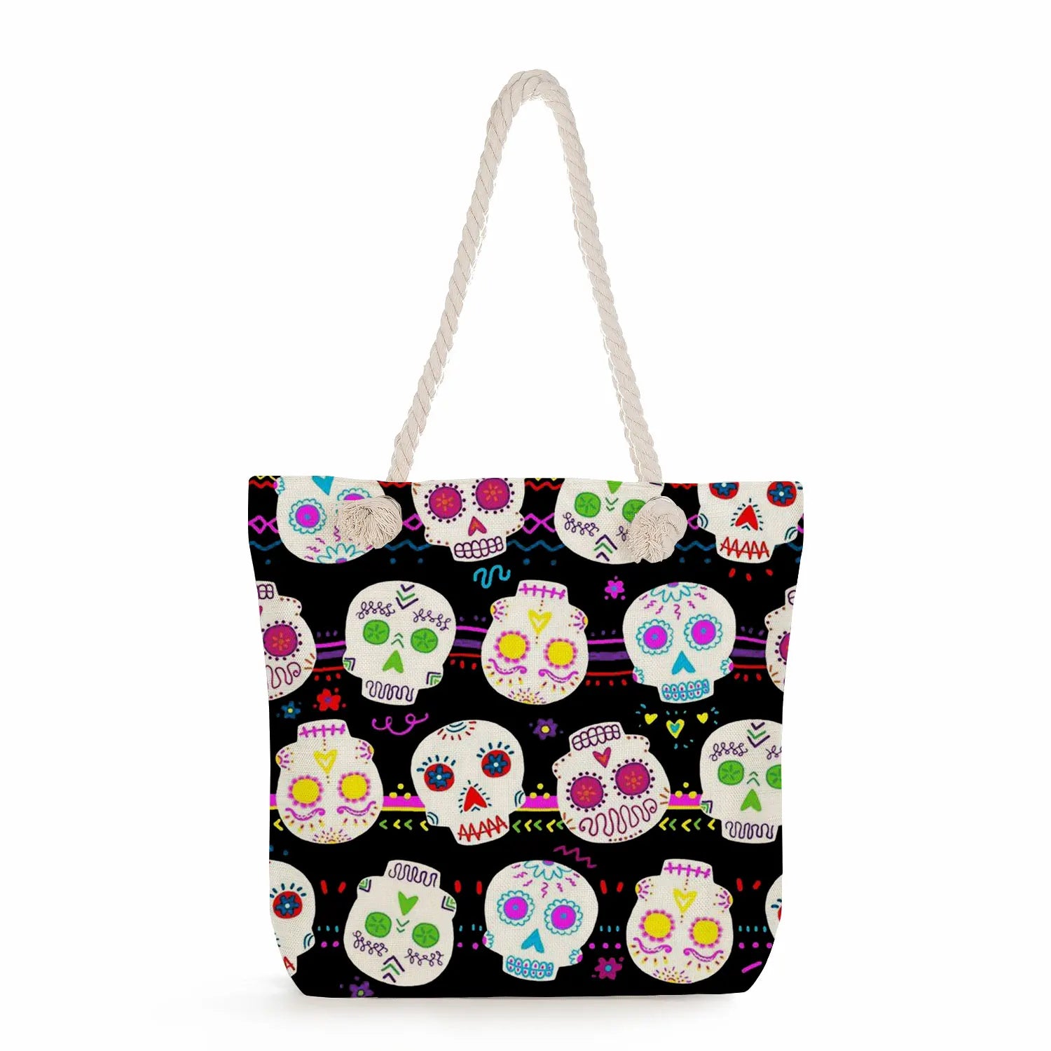 Floral Skull Print Shoulder Bag Large Capacity Halloween Tote