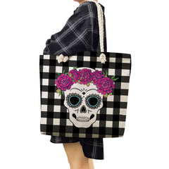 Floral Skull Print Shoulder Bag Large Capacity Halloween Tote