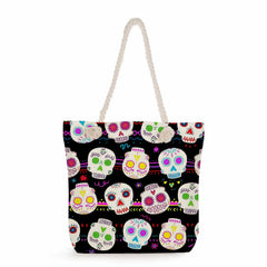 Floral Skull Print Shoulder Bag Large Capacity Halloween Tote