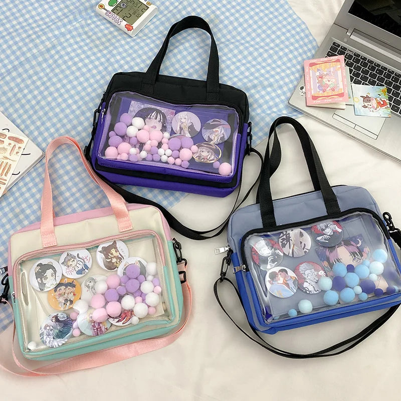 Women Solid Transparent Ita Bag Shoulder Bag Large Capacity Soft Nylon Handbag