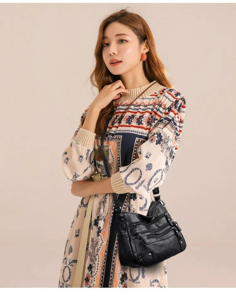 Women's Soft Leather Shoulder Bag Multi-Layer Crossbody Handbag Purse