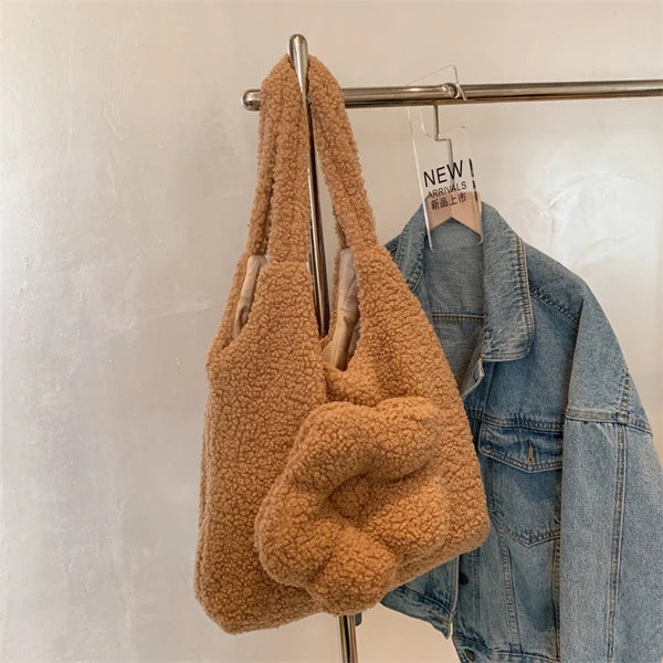 Flower Plush One Shoulder Tote Bag For Women