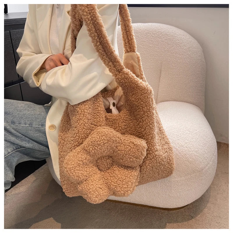 Flower Plush One Shoulder Tote Bag For Women