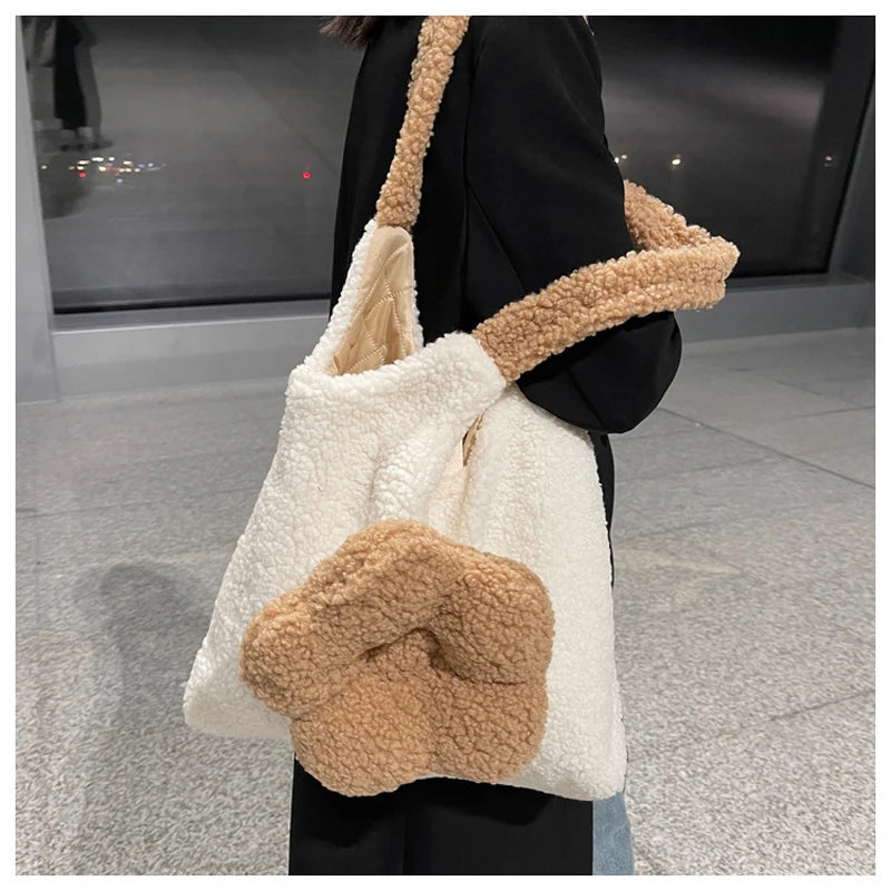 Flower Plush One Shoulder Tote Bag For Women