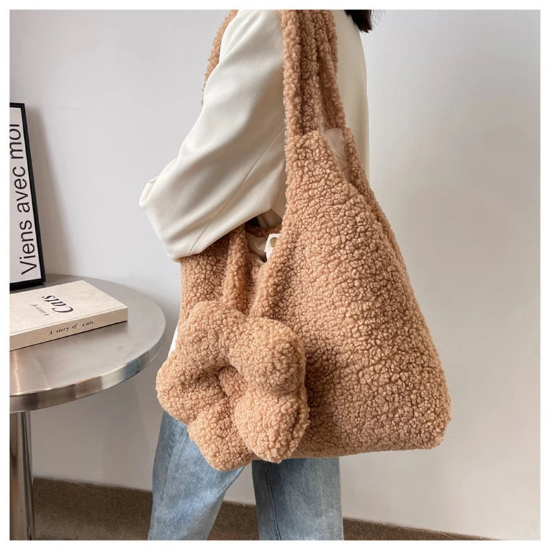 Flower Plush One Shoulder Tote Bag For Women