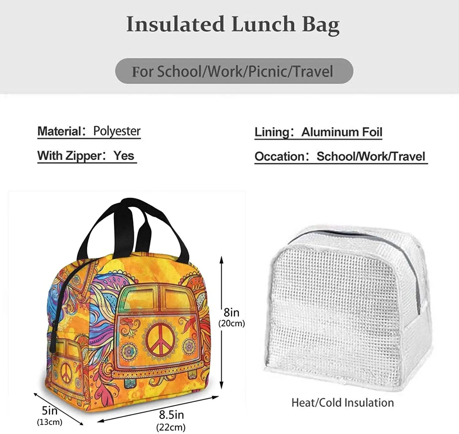 Hippie Vintage Car Mini Van Peace Sign Insulated Lunch Box Tote Bag