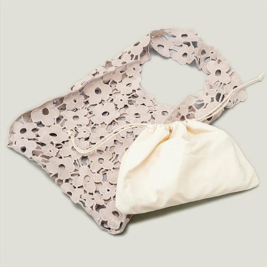 Hollow Flower Woven Handbags for Women Cotton Canvas Big Tote Summer Shoulder Ba