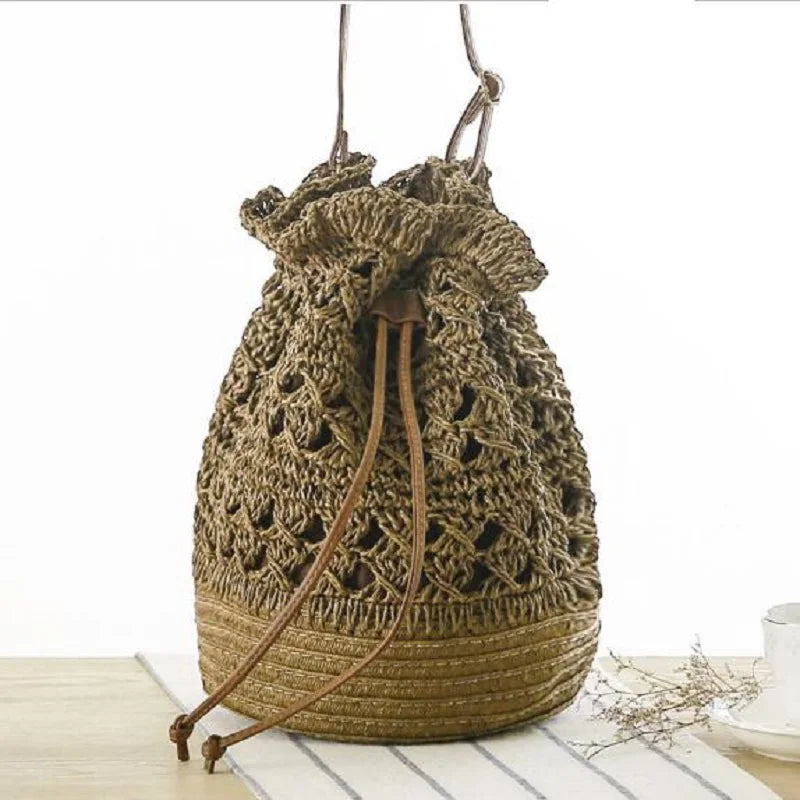 Straw Drawstring Beach Bucket Bag Women Handbags Woven Shoulder Bag