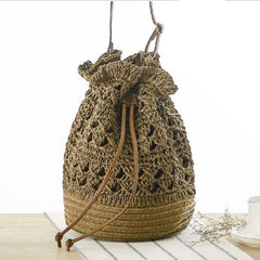 Straw Drawstring Beach Bucket Bag Women Handbags Woven Shoulder Bag