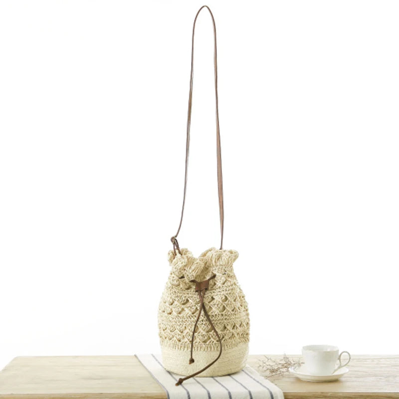 Straw Drawstring Beach Bucket Bag Women Handbags Woven Shoulder Bag