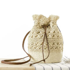 Straw Drawstring Beach Bucket Bag Women Handbags Woven Shoulder Bag