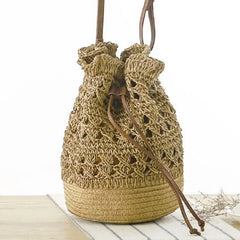 Straw Drawstring Beach Bucket Bag Women Handbags Woven Shoulder Bag