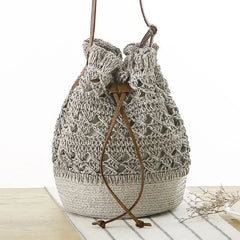Straw Drawstring Beach Bucket Bag Women Handbags Woven Shoulder Bag