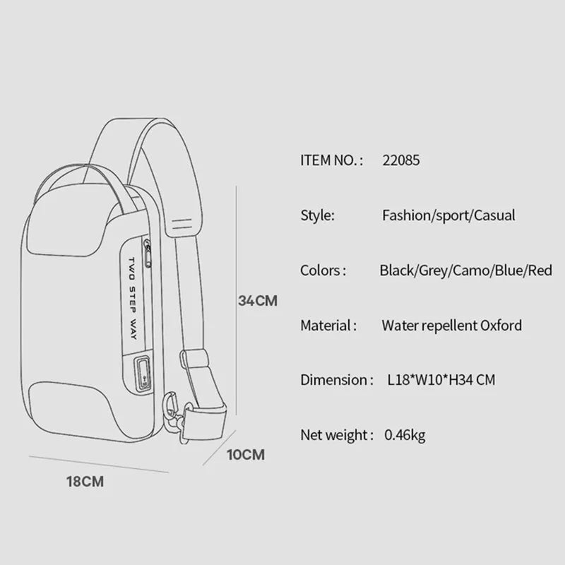 Anti-thief Men Crossbody Bag USB Charging Short Trip Travel Pack