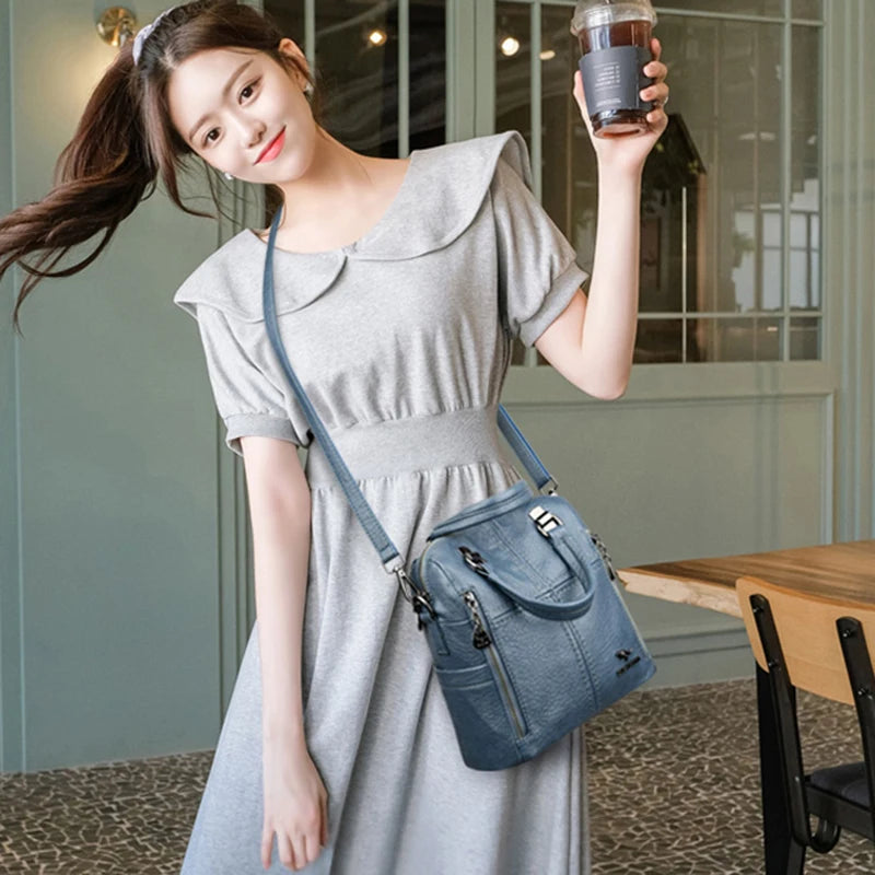 High Leather Backpack Women Shoulder Bags Multifunction Travel Backpack