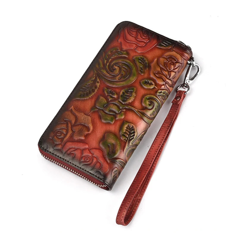 Leather Flower Wallet Long Purse Men Women