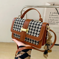 Vintage Houndstooth Handbag Small Leather Crossbody Bag for Women