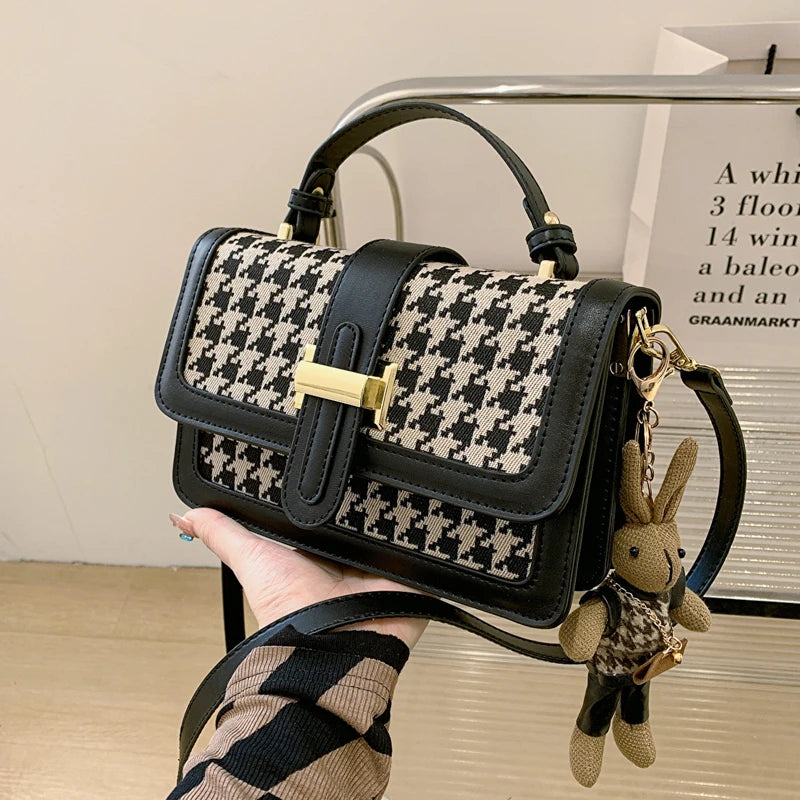 Vintage Houndstooth Handbag Small Leather Crossbody Bag for Women