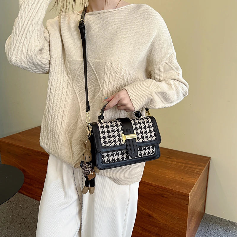 Vintage Houndstooth Handbag Small Leather Crossbody Bag for Women