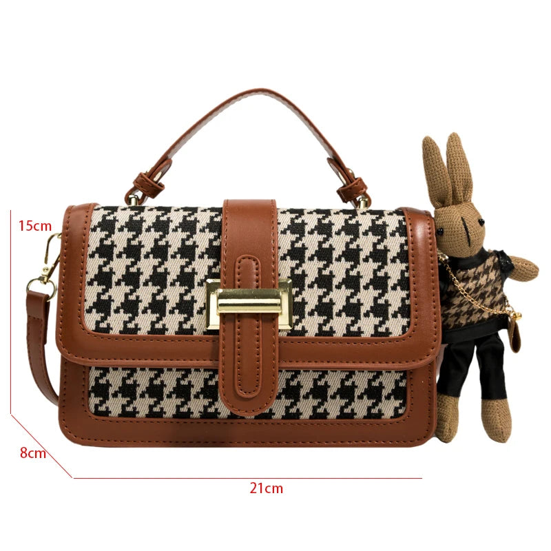 Vintage Houndstooth Handbag Small Leather Crossbody Bag for Women