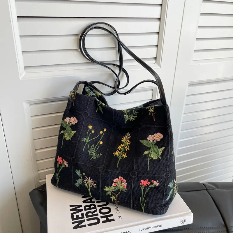 Vintage Flowering Pattern Shoulder Bag Female Cotton Linen Tote