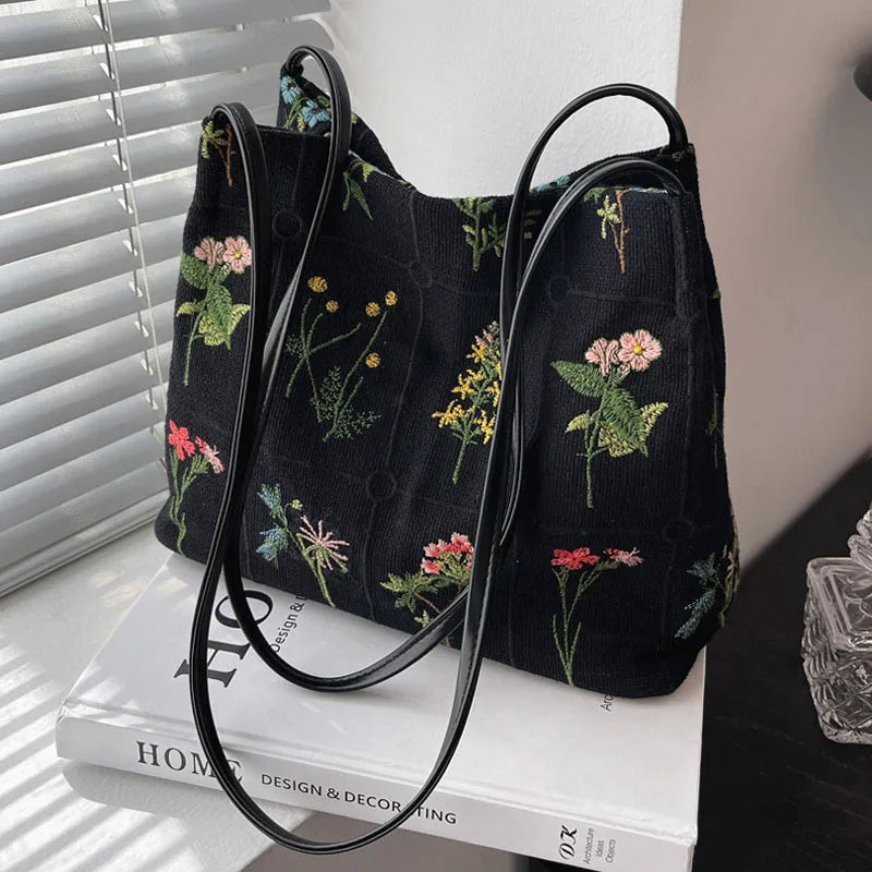 Vintage Flowering Pattern Shoulder Bag Female Cotton Linen Tote