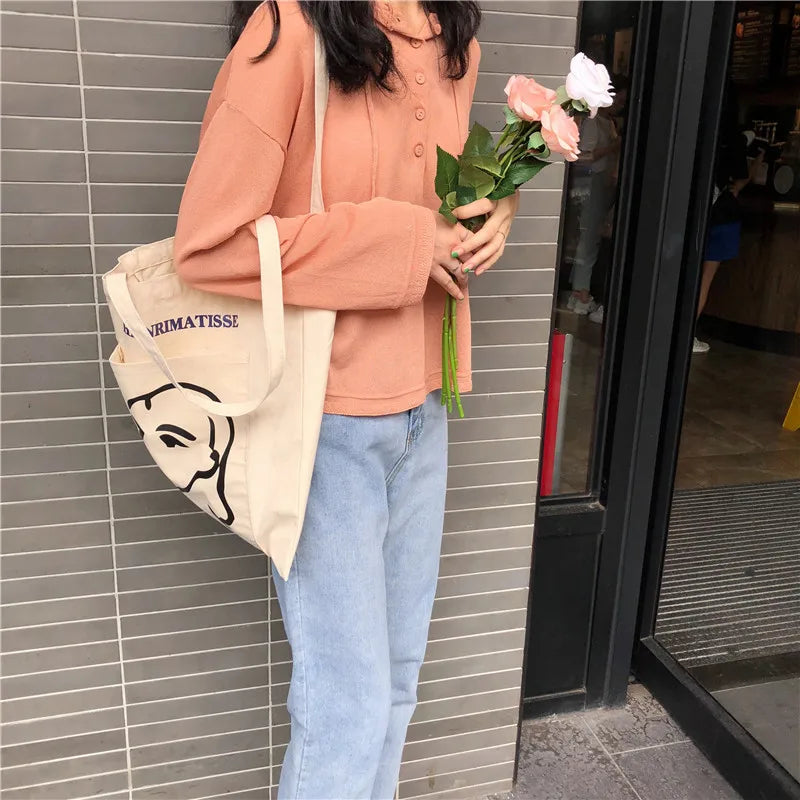 Canvas Tote Handbag for Women with Outer Pocket